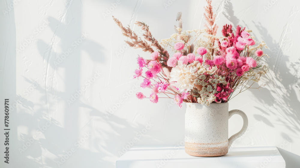 Fototapeta premium A bouquet of pink and cream dried flowers in a white ceramic jug, casting a soft shadow on a white wall.