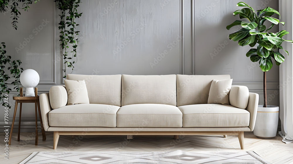 A white couch with colorful pillows sits next to a plant in a living room. A white couch with colorful pillows sits next to a plant in a living room.