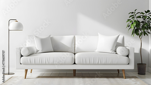 A white couch with colorful pillows sits next to a plant in a bright living room.