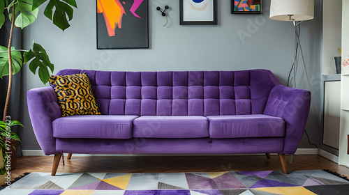 A purple couch sits in a living room with a rug and a lamp.

 photo