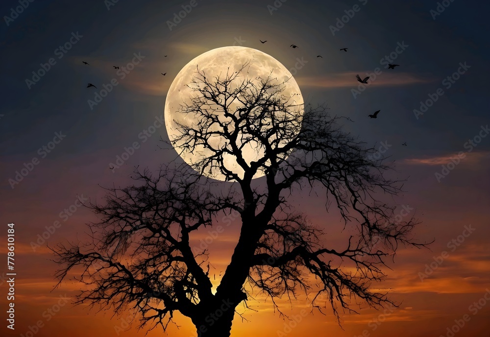 Silhouette of birds with lone tree in the background big full moon at amazing sunset 