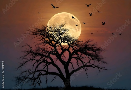 Silhouette of birds with lone tree in the background big full moon at amazing sunset "Elements of this image furnished © Rafli