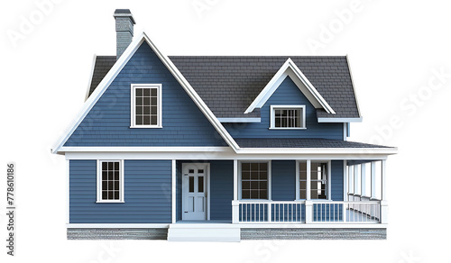 blue house with white trim, white background,