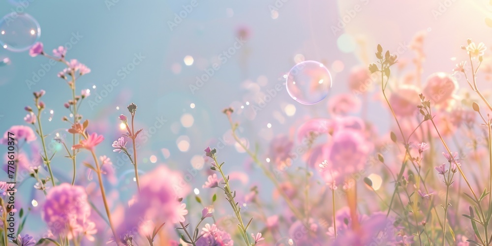 A field covered in pink flowers with bubbles floating in the air