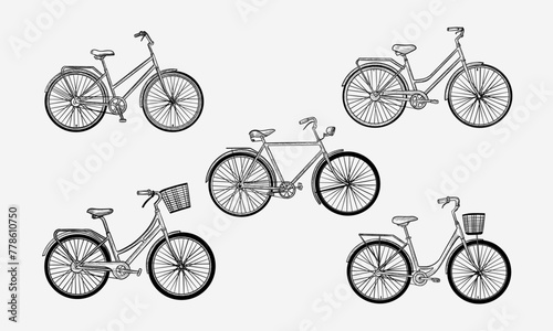 Set of isolated vector bike sketch. Retro or vintage bicycle. Old man and woman sport and countryside vehicle. Hand drawn engraved transport. Wheel transport pencil drawing. Traveling and riding