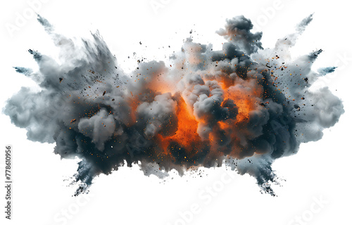 A huge explosion with gray smoke and orange flames on a white background photo