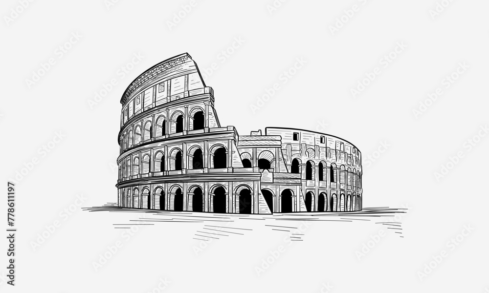 hand drawn Coliseum in Rome, Italy. Colosseum hand drawn vector illustration isolated over white background