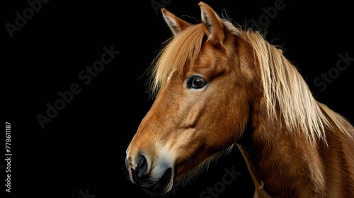 portrait of a pony  photo studio set up with key light  isolated with black background and copy space
