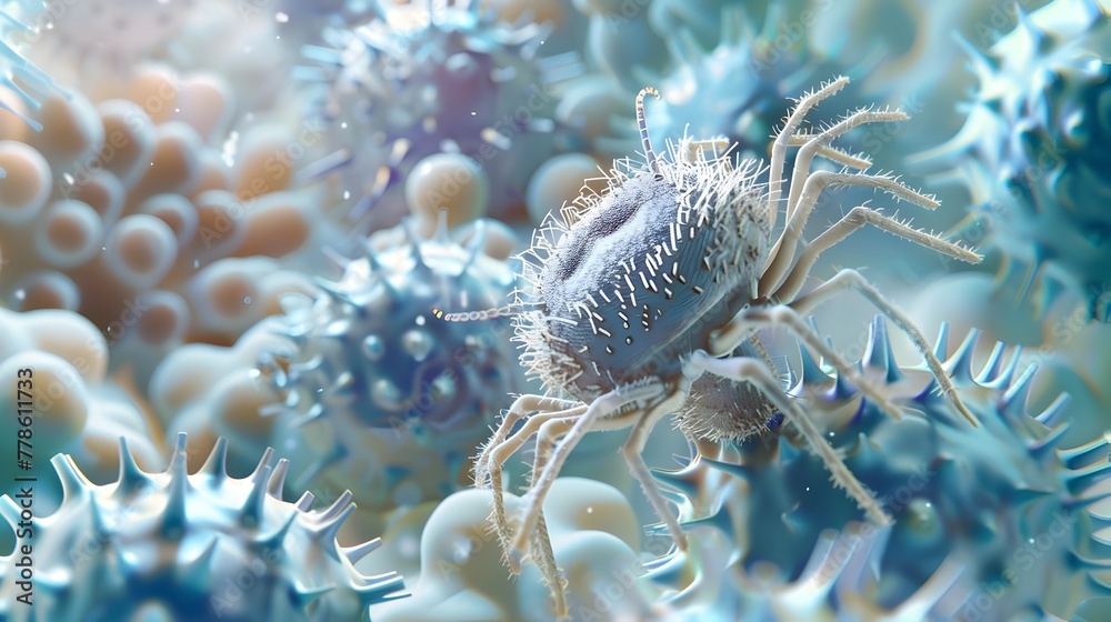 Conceptual Collage Highlighting Microscopic Allergens and Dust Mites for Indoor Air Awareness Conceptual Collage Highlighting Microscopic Allergens and Dust Mites for Indoor Air Awareness