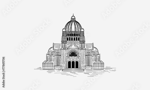 Hand drawn sketch of the Basilica of the Sacred Heart / Basilique du Sacre Coeur, Paris, France. Vector illustration