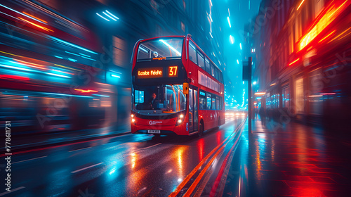 Double decker bus - motion blur effect - British - England - street - dramatic effect  photo