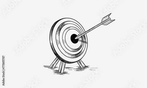 Arrow hitting the center of target. Successful business concept. Hand drawn vector illustration.