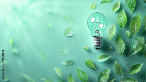 Eco-friendly energy concept depicting a light bulb with green leaves on a soft teal background.