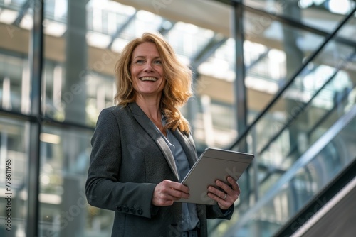 Portrait of a business woman using digital tablet, modern business building, Generative AI