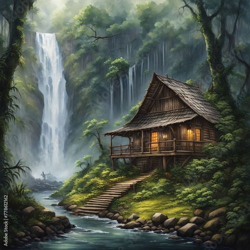 Anciant cabin in near waterfalla photo