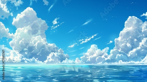 Anime background with calm sea under blue sky and white clouds. Japanese cartoon background.