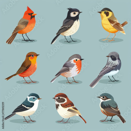 Illustration of various colorful birds perched, displayed against a soft blue background.. © khonkangrua