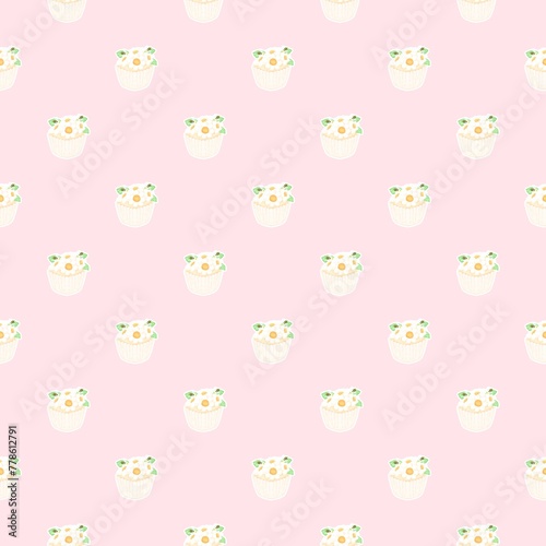 seamless pattern with bee and flower cupcakes