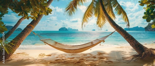 A hammock strung between two palm trees on a secluded tropical island