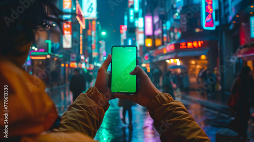 Person Holding Smartphone with Green Screen on Busy City Street