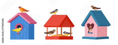 Hand crafted bird houses. Cartoon wooden bird house, cute bird nests with feeder flat vector illustration. Colorful nesting birdhouses