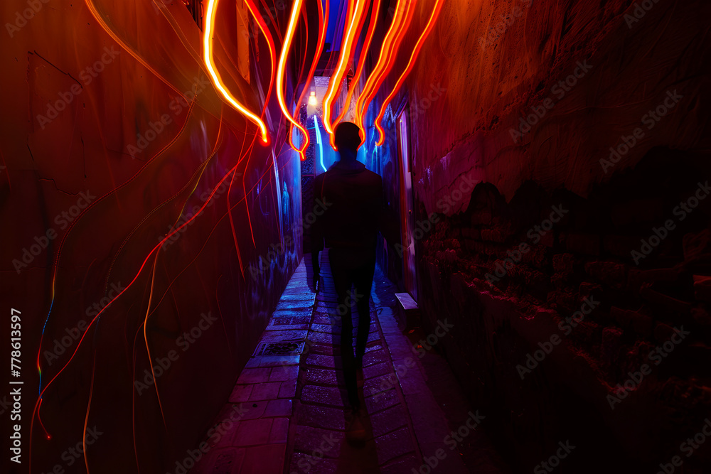 Neon illustration of a shadowy figure in alleyway isolated on black background.