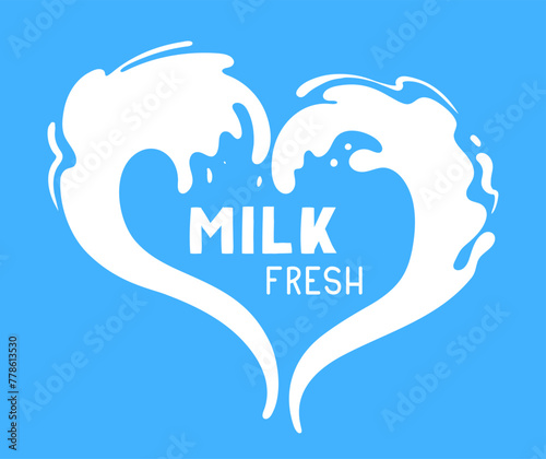 Milky heart shape splash. Cartoon dairy product splash label, fresh milk splash, milk flow splatter flat vector illustration. Cow or goat milk logo with lettering © GreenSkyStudio
