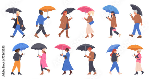 People walking under umbrella. Characters under rain with umbrellas, rainy season walking flat vector illustration set. Men and women walking under umbrella