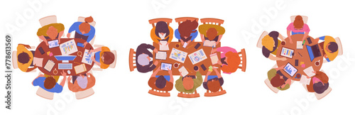 People working top view. Teamwork or brainstorming, characters work at tables view from above, man and woman sitting around wooden desks flat vector illustration set. Work or education process scenes © GreenSkyStudio