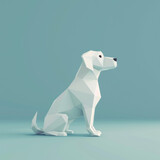 Minimalist illustration of a low poly dog sitting calmly on a cyan background, a modern take on pet art.