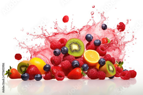 Explosion of Fresh Berries and Fruits with Vivid Pink Splash on White Background