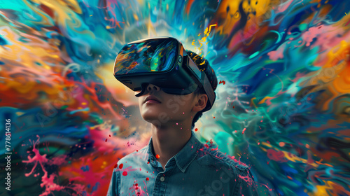 Man with Virtual Reality Headset Surrounded by Colorful Abstract Splashes