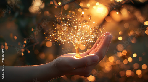 Magical Hand Holding a Glittering Golden Tree with Sparkling Lights