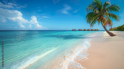 Panoramic view of coconut palms on a white sandy beach in the Maldives Islands © Brian Carter