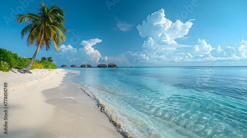 Panoramic view of coconut palms on a white sandy beach in the Maldives Islands