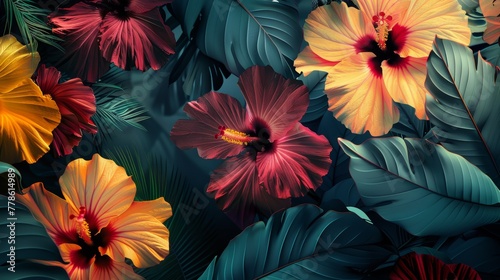 Abstract composition using the vibrant colors and shapes of tropical flowers against a dark background.