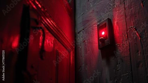 A red alarm light on the wall turns off with a click, indicating the security system has been bypassed. The door creaks open ajar. photo