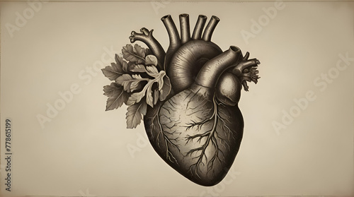 Vintage anatomical engraving of human heart isolated .Generative AI