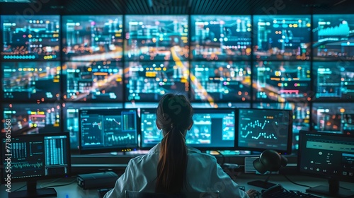 Futuristic Command Center Monitoring Key Business Metrics and Supply Chain Efficiency on Multiple Digital Screens