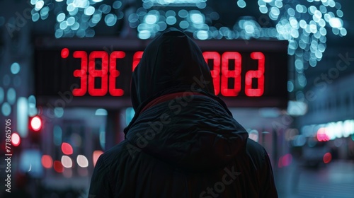 A digital countdown timer ticks down behind the hacker. photo