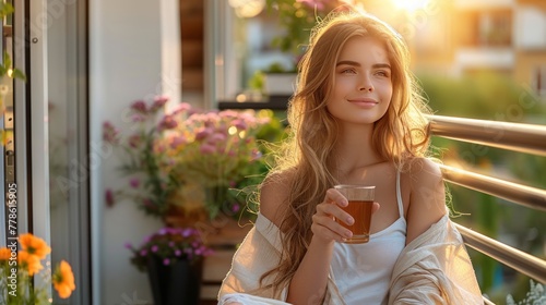 Beautiful young girl with long hair relaxing. drinking tea and enjoying sun sitting at balcony at sunlight at summer. Backyard terrace vacation.