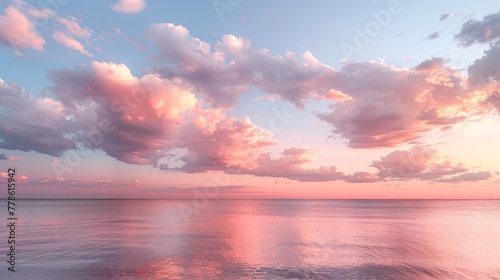 Cirrus clouds tinted pink by the sun at sunset over a calm blue ocean photo