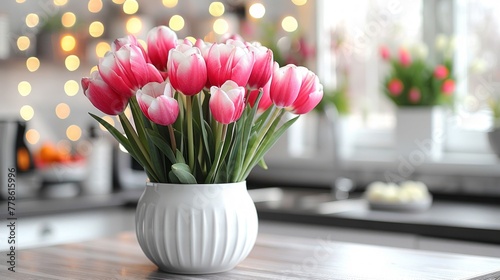 Fresh bouquet of tulips on a kitchen table. © Wanlop