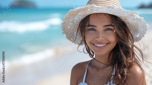 Portrait of stylish latin hispanic woman with white straw hat standing at beach. Young smiling woman on vacation enjoy sea breeze wearing straw hat and looking at camera. Attractive beautiful girl. photo