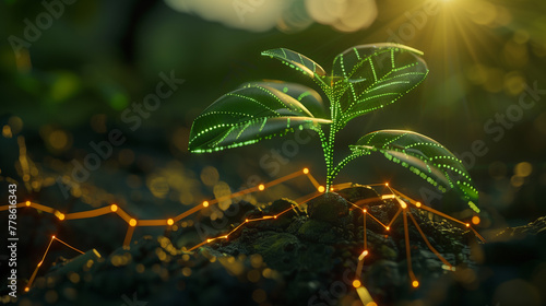Young Plant with Digital Roots, Growth and Technology Concept