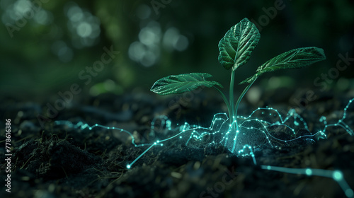 Young Plant with Digital Roots, Growth and Technology Concept