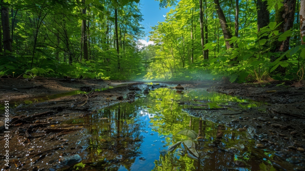 A vibrant forest path with fresh green leaves and puddles reflecting the clear blue sky. Steam rises from the damp earth. A vibrant forest path with fresh green leaves and puddles reflecting the clear blue sky. Steam rises from the damp earth.