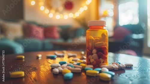  A bottle of pills is on a table with other pills photo