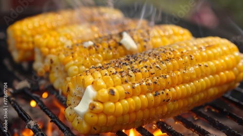 Tender, grilled corn on the cob with melted butter dribbling down, flecked with black pepper