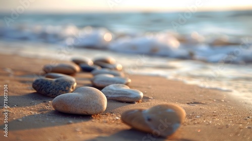 A collection of smooth  heart-shaped pebbles arranged on a sandy beach with gentle waves in the background  evoking a sense of gratitude for nature s beauty.